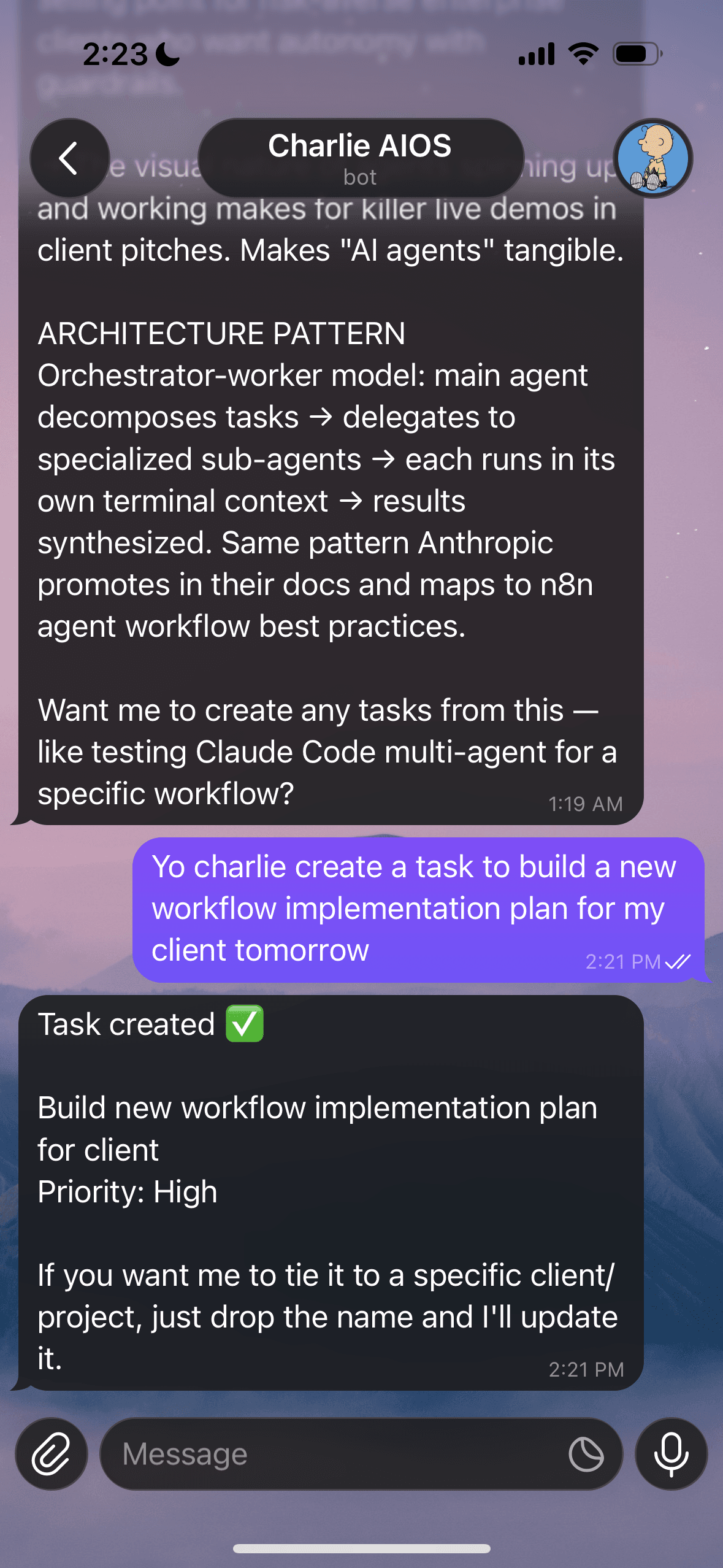 Conversational AI assistant (Charlie) responding to natural language queries via Telegram